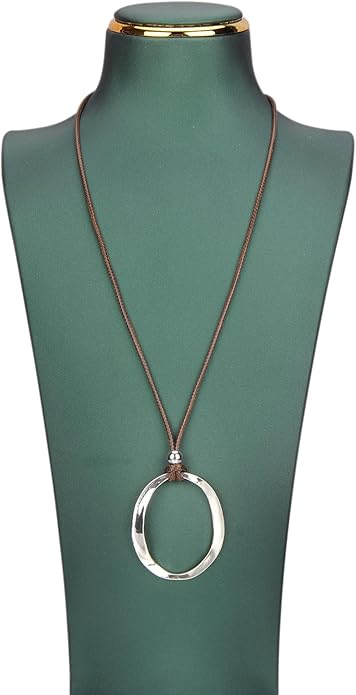 Boho Leather Necklace Women Bohemian Brown Circle Pendant Necklace Choker Long Necklaces for Women Boho Ring Large Pendant