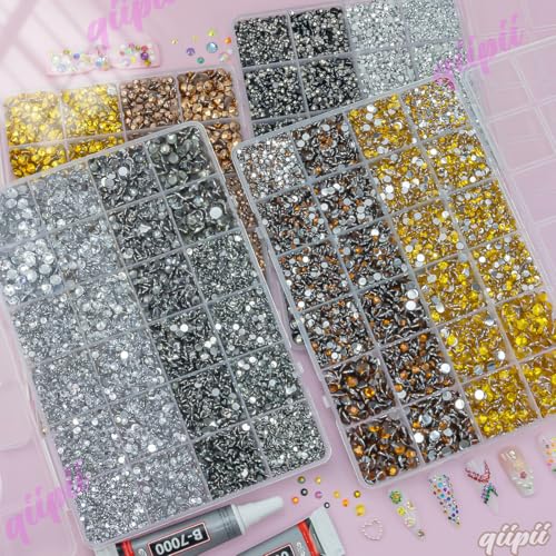 qiipii 8 Color 2-6mm Golden Silver Copper Resin Rhinestones w B7000 Jewelry Glue for Bedazzling Crafting Flatback Stones Gems Diamonds for Nails Face Eyes Makeup Tumblers Bottles DIY Crafts Clothes - color: Golden / Silver / Copper Metallic Series Rhinest
