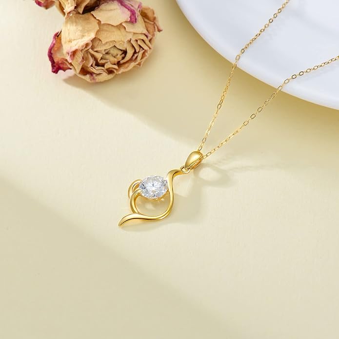 SISGEM 14K Real Gold 1 Carat Round-Cut Moissanite Necklace for Women,Yellow Gold Infinity/Heart Pendant Ribbon Necklaces Birthday Gifts for Wife Girlfriend 16''-18''