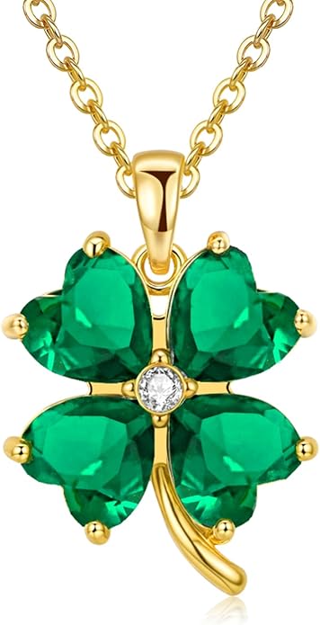 VONSSY Four Leaf Clover Necklace Earrings Shamrock Irish ST Patricks Jewelry Set Gift 18k Gold Plated Green Emerald Zircon Diamond Crystal Lucky Saint Pendant for Woman Wife Girlfriend Mom