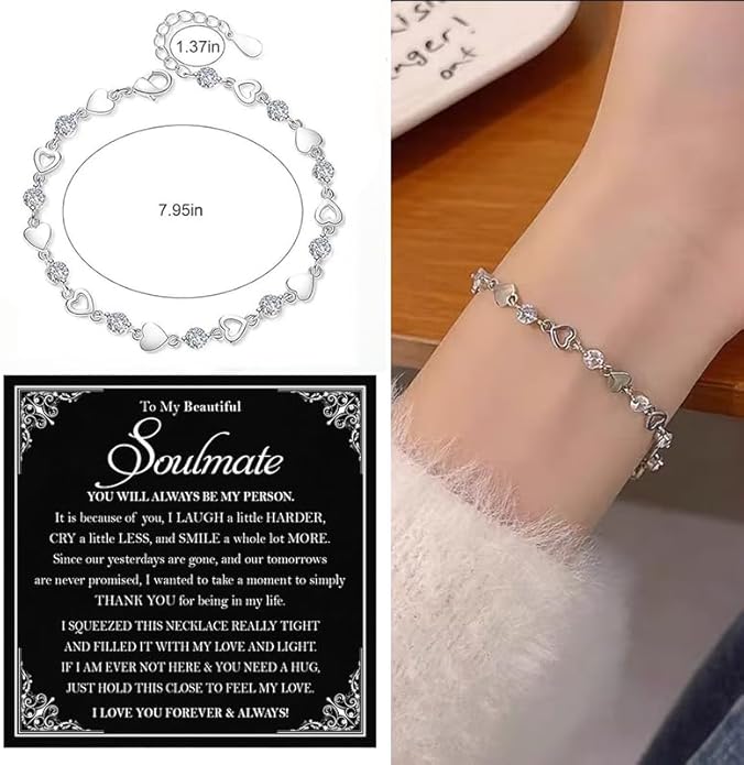 To My Soulmate Bracelet for Women, Heart Chain Bracelet with Shiny Stones, Perfect Birthday or Anniversary Christmas Gift for Soulmate with Message Card and Gift Box