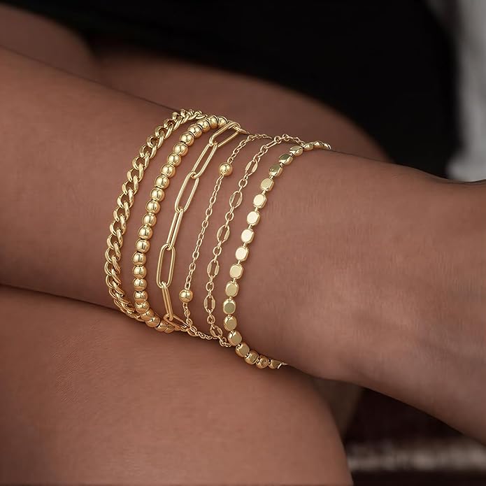 Emibele Gold Bracelets for Women, Dainty Adjustable 14K Gold Plated Bracelet Stack, Elegant Beaded Link Chain Bracelet Sets, Jewelry Gifts for Women