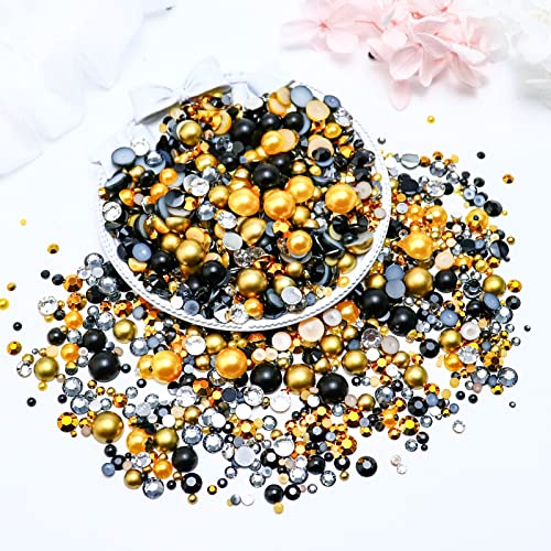 60g Mix Flatback Pearls and Rhinestone, 2mm-10mm Mix Rhinestones and Pearls for Crafts Tumblers Shoes Nails Face Art, with Picker Pen, Black|Gold|Yellow - color: Brown Sugar Blend | Mix Black | Gold | Yellow