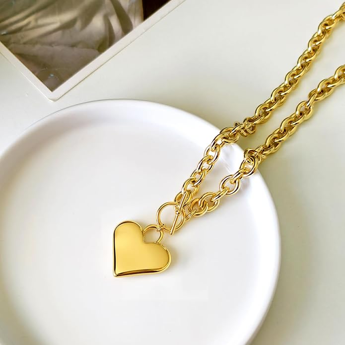Zeffy 14K Gold/Silver Plated Chunky Thick Chain Toggle Clasp Necklace Dainty Baroque Pearl/Heart/Cross/Turquoise Pendant Necklace