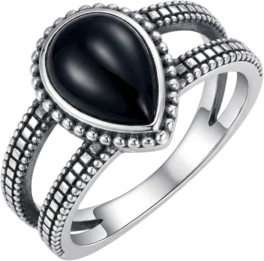 925 Sterling Silver Oxidized Black Onyx Rings for Women - Round & Heart 9mm Onyx Vintage Retro Design, Ideal for Daily Wear