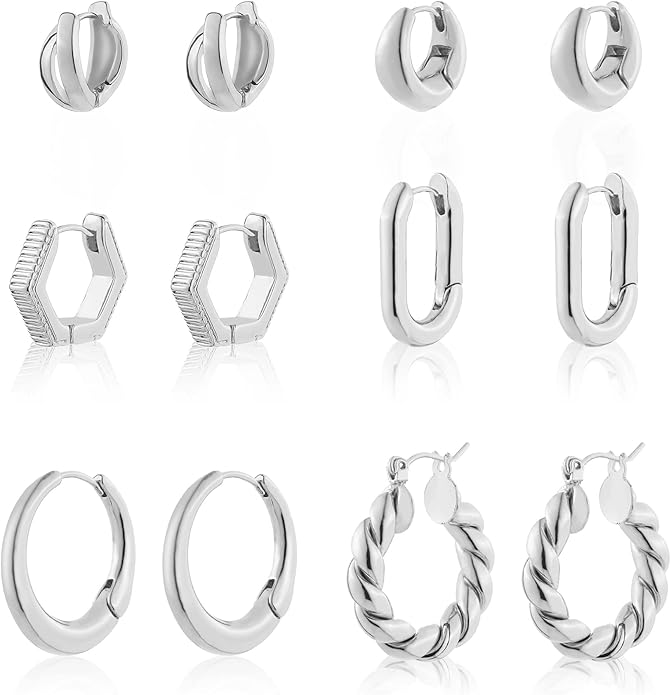 Wgoud 6 Pairs Gold Hoop Earrings Set for Women, 14K Gold Plated Hypoallergenic Lightweight Chunky Open Huggie Hoops Earrings Jewelry for Gifts.