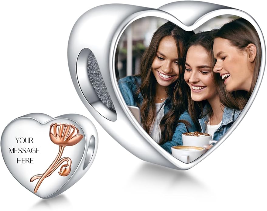 Annmors Personalized Photo Charm for Bracelet Necklaces,925 Sterling Silver Charm Love Heart Shaped Engraved Customize Picture Gift for Birthday Mother's Day Christmas,Bead Charms Jewelry for Women