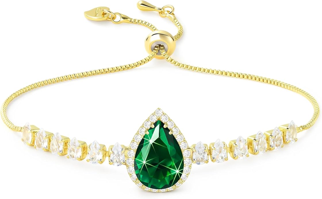 Linawe Crystal Imitation Diamond Rhinestone Charm Bracelets for Women, Gold/Silver/Rose Gold Adjustable Chain Bracelet, Teardrop Birthstone Cubic Zirconia Prom Costume Wedding Jewelry