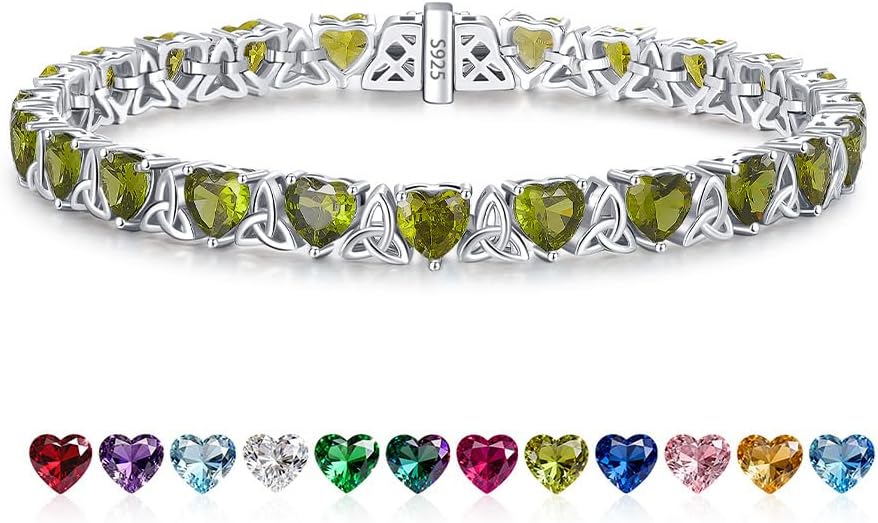 Birthstone Tennis Bracelets for Women, 925 Sterling Silver Heart Shaped Celtic Trinity Knot, 7 Inch Charm Trendy Hypoallergenic Anniversary Birthday Gifts for Her