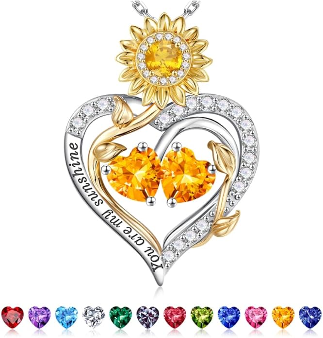 Iefil Valentines Day Gifts for Her - 925 Sterling Silver Sunflower Double Birthstone Necklace for Women, Anniversary Birthday Gifts for Wife, You Are My Sunshine Necklaces, Jewelry for Wife Mom