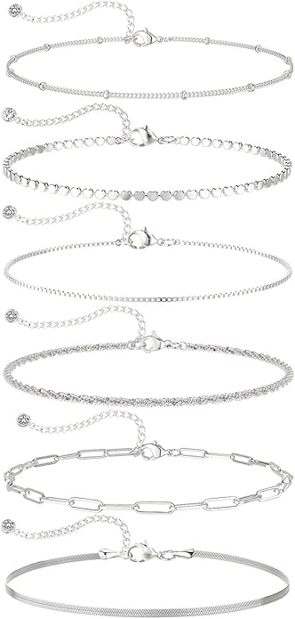 DEARMAY Dainty Silver Plated Bracelets for Women Trendy, Silver Jewelry Set for Women Bracelets for Women Paperclip Box Herringbone Figaro Rope Chain Bracelet Fashion Pack Gifts for Women