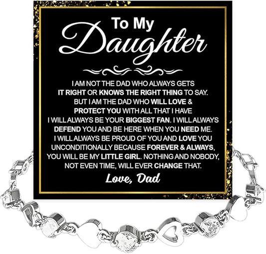 To My Daughter Bracelet, Silver Heart Chain Bracelet with Shiny Stones, Perfect Birthday or Graduation Christmas Gift for Daughter with Message Card Gift Box