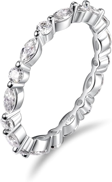 D Color VVS1 Clarity Moissanite Hand Setting Eternity Rings for Women, Solid 925 Sterling Silver Rhodium Finish, Stackable Ring, Wedding Birthday Valentines Anniversary Mothers Day Ideal Gift for Her