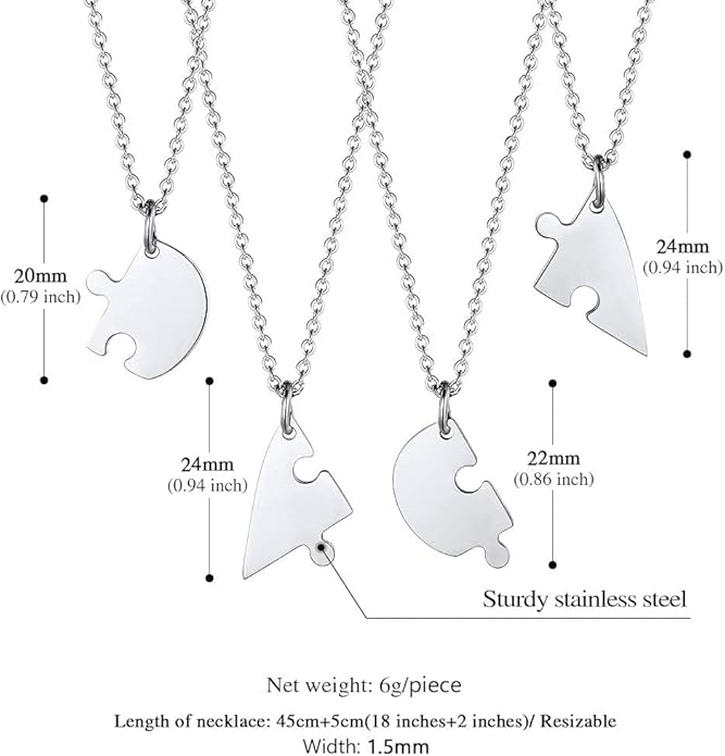 FindChic Personalized Matching BFF Necklace for 2/3/4/5/6 Puzzle Name Heart Pendant Stainless Steel Couple Necklace Set Customized Necklaces for Teen Girls