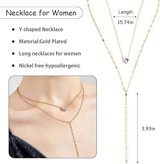Necklace for Women, Dainty Long 14K Gold Y-Shaped Necklace Jewelry Trendy Beaded Layered Chain Drop Necklaces Jewelry Women Gifts