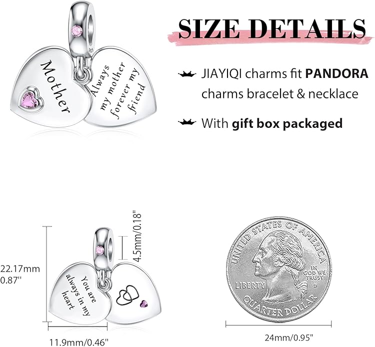 JIAYIQI Mother Sister Daughter Wife Charms Fit Charms Bracelet Necklace with Double Heart Love Charms 925 Sterling Silver Beads for Women Jewelry