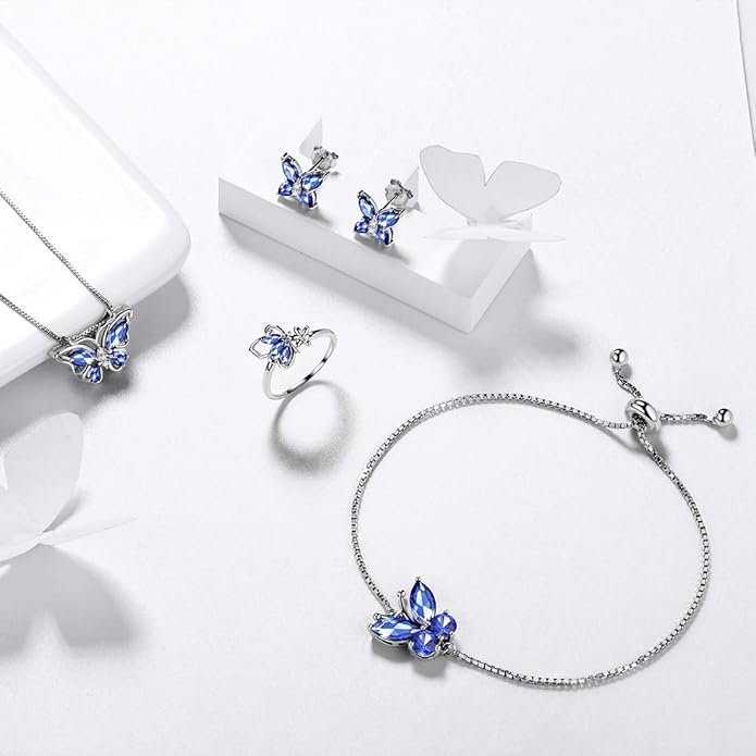 Aurora Tears Butterfly Jewelry,Women 925 Sterling Silver Butterflies Birthstone Pendant Necklace/Earrings/Rings Wedding Gift
