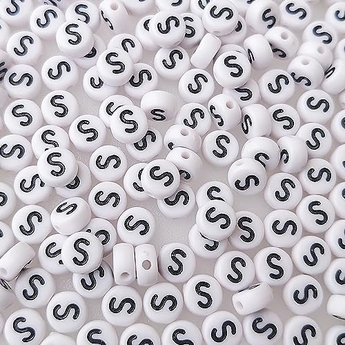 200+ Pieces 4x7mm Single S Letter Beads for Jewelry Making, White Round Acrylic Bulk Alphabet (Black on White) - size: Single Letter S 200+ Pcs
