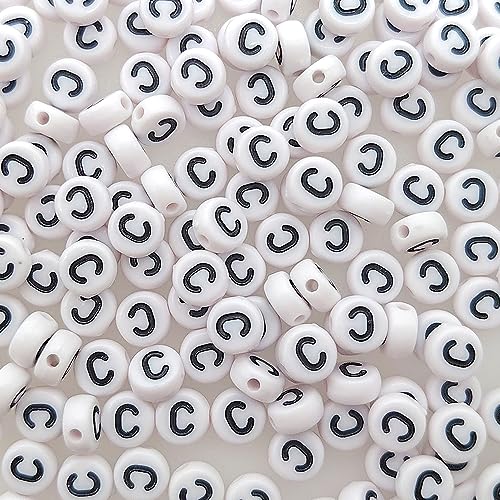 200+ Pieces 4x7mm Single C Letter Beads for Jewelry Making, White Round Acrylic Bulk Alphabet (Black on White) - size: Single letter C 200+ Pcs