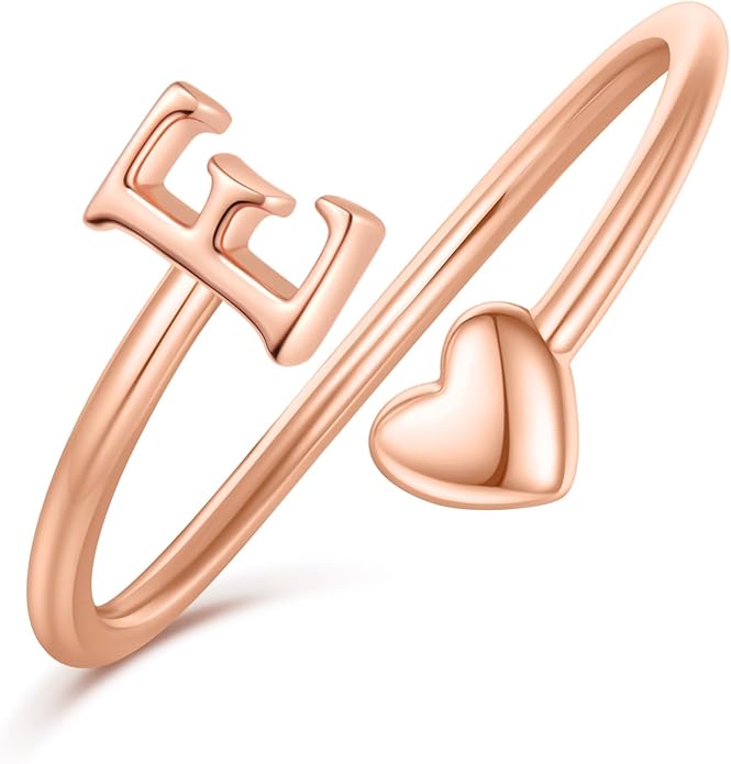 Initial Rings for Women Girls - Valentines Day Gifts for Her, Adjustable Rings for Women Non Tarnish Letter A-Z Dainty Heart Ring Teen Girls Gifts Trendy Stuff Personalized Jewelry Gift