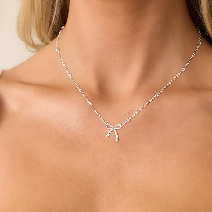 Valentines Day Gifts for Her - Dainty Bow Necklace for Women 14K Gold Plated Cute Choker Small Pendant Charm Necklaces Teen Gift Trendy Stuff Personalized Jewelry
