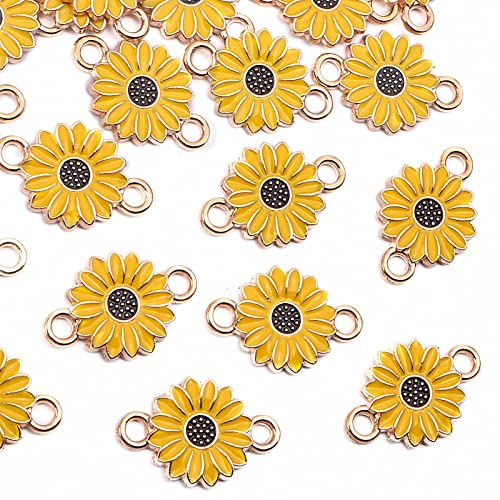 30pcs Enamel Flower Charms Connectors Links Yellow Alloy Floral Sunflower Daisy Flower Dangle Pendants with Double Loops for DIY Bracelet Earring Necklace Jewelry Making