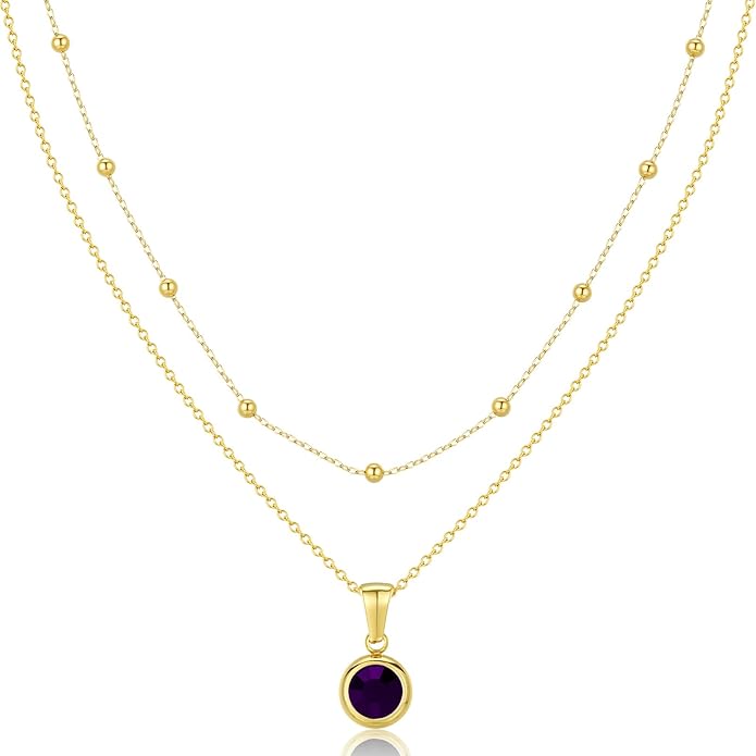 14K Gold-Plated Women's Double-Layer Birthstone Necklace Delicate Round Birthstone Pendant with a Simple Necklace, a Birthday Gift for Women Teenage Girls
