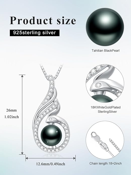 Tahitian Black Pearl 18K White Gold Plated Sterling Silver Heart/Infinity/Four Leaf Clover Pendant Necklace Jewelry Gifts for Women Wife Mom Girlfriend Wedding Birthday Anniversary Christmas