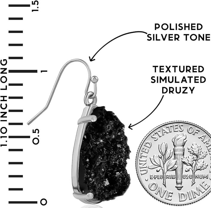 Teardrop Dangle Earrings for Women with Simulated Druzy Stones in Gold or Silver Tone