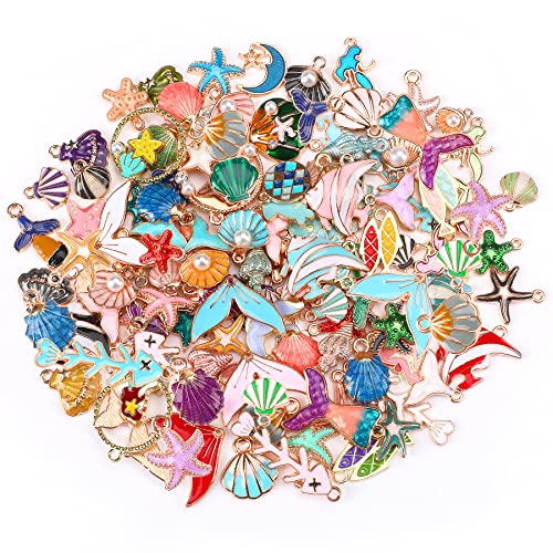 MARFOREVER 120 Pcs Ocean Themed Sea Charms for Jewelry Making, Assorted Gold Enamel Starfish Seashell Marine Pendants for Necklace Earring Bracelet Crafting Holiday Gifts for Women Mom Girls - style: Ocean