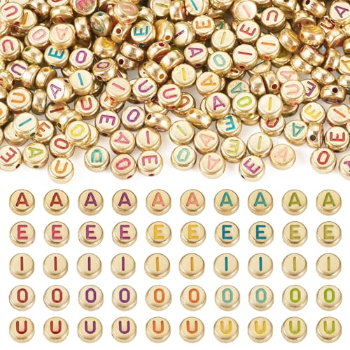 500Pcs Vowel Letter Opaque Acrylic Beads 7x3.5mm Flat Round Initial Letter Alphabet A/E/I/O/U Loose Spacer Beads for DIY Friendship Bracelet Necklace Jewelry Making - color: Golden Color