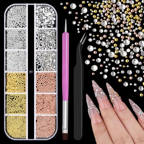 3D Mini Small Metal Stainless Steel Caviar Nail Beads Balls, 0.8-3mm Gold Silver Alloy Nail Art Chain Charms Studs with Tweezers and Dual-end Brush (4-K1-metal-beads-rhinestones) - color: 4-K1-metal-beads-rhinestones