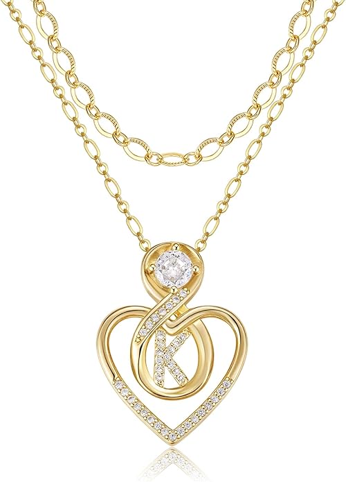 Heart Letter Necklaces for Women 14K Gold Plated Cubic Zirconia Heart Initial Layered Necklace Infinity Pendant Necklace Letter Initial Jewelry for Women