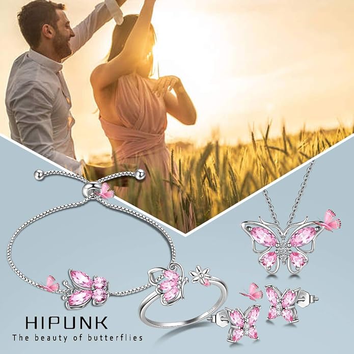 925 Sterling Silver Birthstone Butterfly Jewelry Women Crystal Animal Cute Butterflies Birthday Necklace/Earring/Ring/Bracelet Sets Birth Stone Statement Anniversary Jewellery