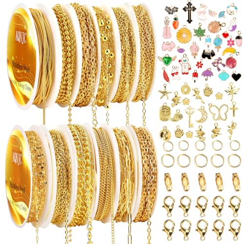 AQNJC Gold Chain for Jewelry Making, 98 Feet 12 Rolls Jewelry Chains with Gold Charms for Women DIY Necklace Bracelet Making Supplies with Jump Rings, Lobster Clasps, Connectors - color: 12 Rolls Gold Necklace Chains with Gold Charms
