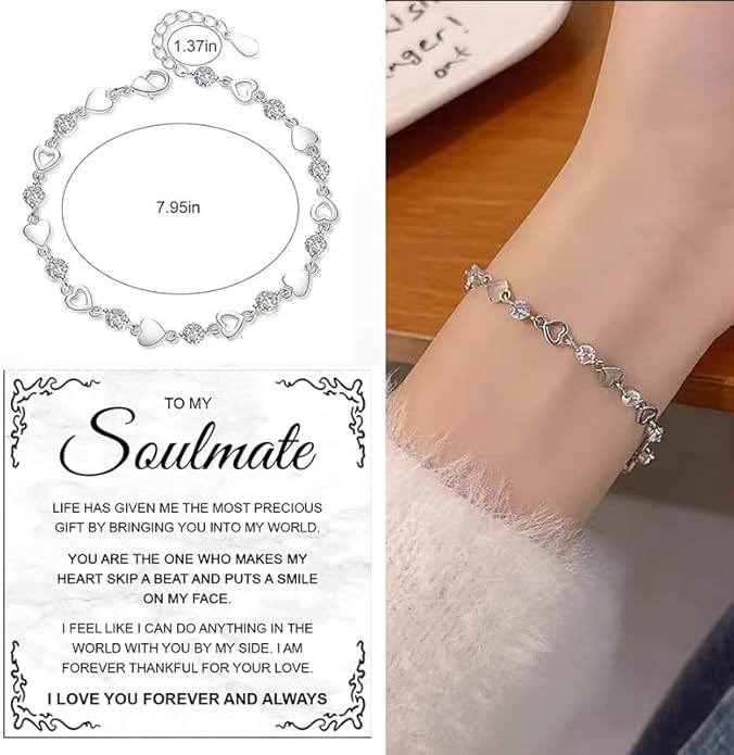 To My Soulmate Bracelet for Women, Heart Chain Bracelet with Shiny Stones, Perfect Birthday or Anniversary Christmas Gift for Soulmate with Message Card and Gift Box