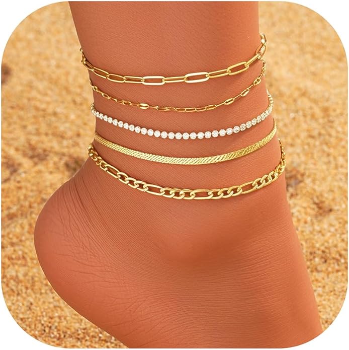 iF YOU Gold Ankle Bracelets for Women, 14k Gold Plated Waterproof Cuban Link Chain Anklets Set, Layered Anklet Bracelets for Women Beach Gift Adjustable Size 5pc