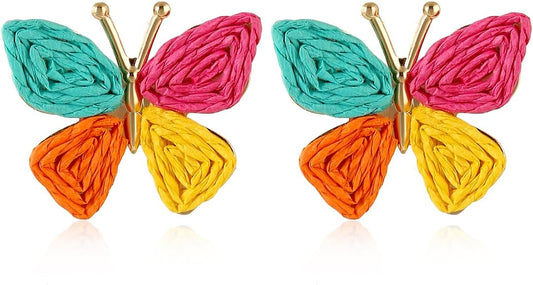 Handmade Raffia Hoop Earrings Statement Tropical Bohemian Straw Dangle Earrings Natural Rattan Vacation Style Round Earrings for Women Summer Beach Party Essential Jewelry
