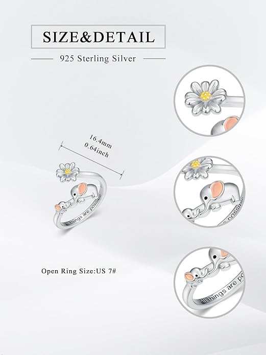 Animal Open Ring 925 Sterling Silver Koala/Panda/Highland Cow/Elephant Adjustable Ring Cute Animal Daisy Jewelry Gifts for Women