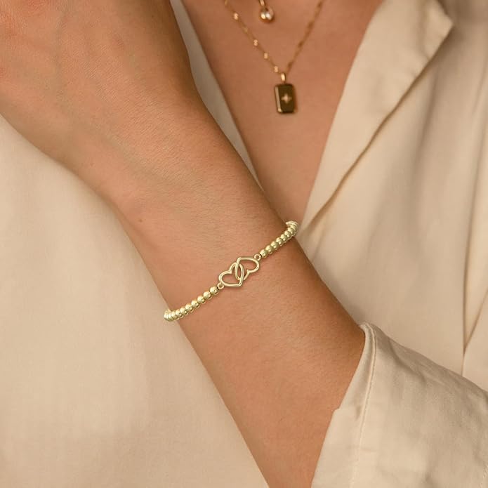 Gold Bracelets for Women 14K Gold Plated Bead Bracelet Hypoallergenic Stretch Bracelets for Women Elastic Bracelet Trendy Teen Gift Dainty Jewelry for Women
