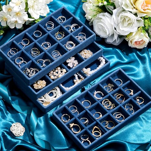 Junkin 12 Pcs Jewelry Tray Velvet Stackable Jewelry Organizer Trays Divided Earring Accessories Storage Containers Box (Rose Red) - color: Peacock Blue