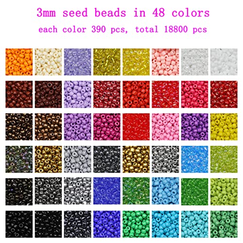 18800Pcs 3mm 48-Color Glass Seed Beads + 260 Alphabet Letter Beads DIY Jewelry Making Kit | Adult Craft Supplies with Elastic String, Charms, Rings for Bracelet Necklace Art Projects - color: 48 Colors