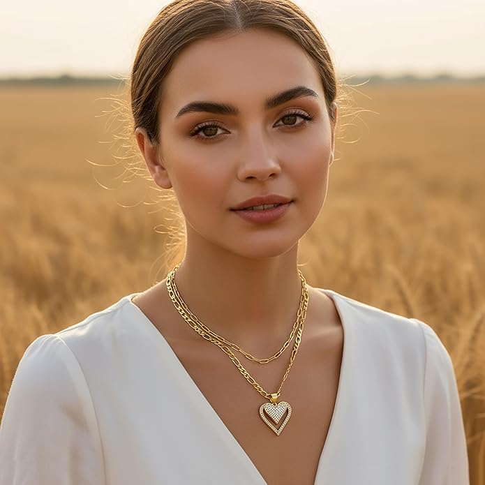 Heart Necklaces for Women 14K Gold Plated Layered Necklace Set with Cubic Zirconia Heart Pendant, Dainty Stackable Choker Chain, Gift for Her