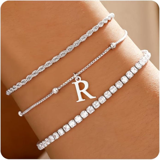 Valentines Day Gifts for Her Kids - Dainty Gold Bracelets for Women Personalized Gold/Silver Initial Bracelet Stack Stackable Rope Box Chain Tennis Bracelets for Girls Jewelry Set