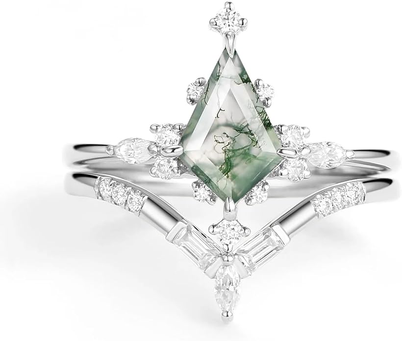 Natural Moss Agate Bridal Ring Set for Women 1CT Kite-cut Moss Agate Engagement Ring Set 925 Sterling Silver 10K 14K 18K Gold Classic Wedding Ring Set