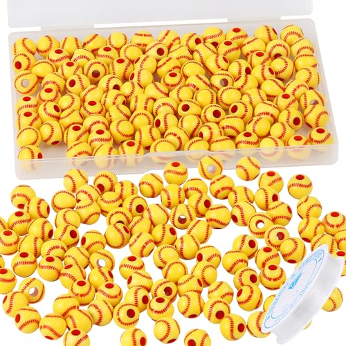 100pcs Baseball Beads with 5.5 Yard Elastic Rope,Acrylic Softball Beads Sports Bead DIY Spacer for Necklace Bracelet Keychains Handmade Jewelry Making Accessories Craft Supplies,12mm(Baseball) - color: Baseball