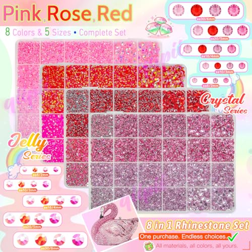qiipii 8 Color 2-6mm Red Jelly Resin Rhinestones w B7000 Jewelry Glue for Bedazzling Crafting Flatback Stones Gems Diamonds for Nails Face Eyes Makeup Tumblers Bottles DIY Crafts Clothes Shoes Phones - color: Pink / Rose / Red Series Rhinestones