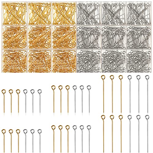 Junkin 1400 Pcs Eye Pins Mix Jewelry Findings 0.63 * 0.79 * 1.18 in Open Eye Head Pins Findings for Jewelry Making DIY Necklace Bracelets(Gold, Silver) - color: Gold, Silver