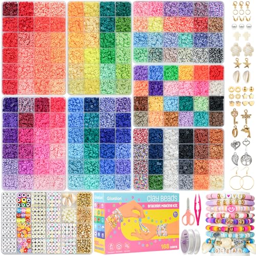 Gionlion 30,000 Pcs Clay Beads Bracelet Making Kit, 168 Colors 8 Boxes Flat Preppy Beads for Friendship Bracelets, Jewelry Kit with Pendant Charms Elastic String Crafts Arts Crafts Mothers Day Gifts