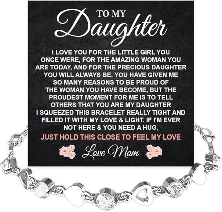 To My Daughter Bracelet, Silver Heart Chain Bracelet with Shiny Stones, Perfect Birthday or Graduation Christmas Gift for Daughter with Message Card Gift Box